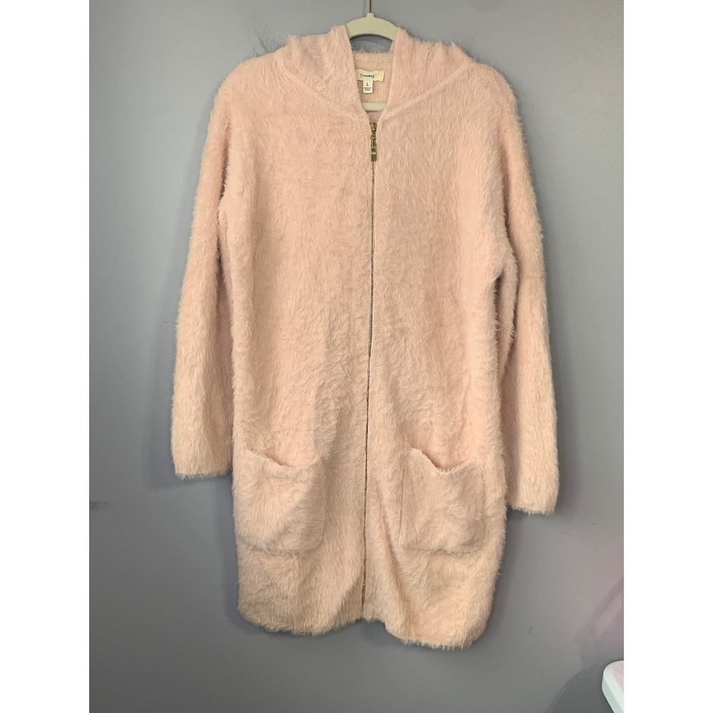 Freeway Fuzzy Knit Hooded Longline Cardigan Pink Long‎ Sleeve Pockets Size L